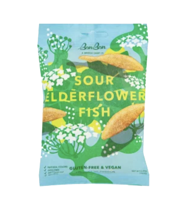 A bag of Son Bon Sour Elderflower Fish crackers, featuring a light blue and green illustration with white elderflowers and yellow fish pieces, on a plain white background.