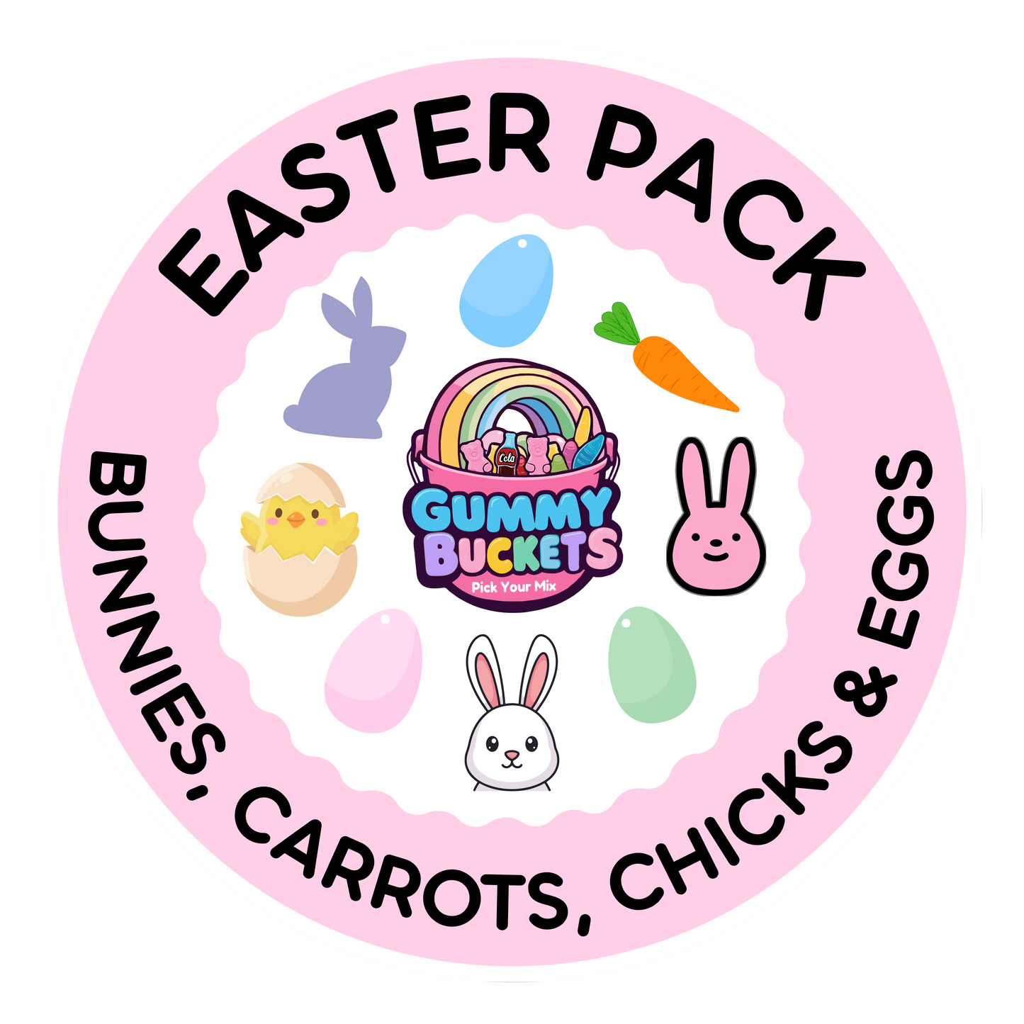 Circular logo for 'Easter Pack' featuring cartoon characters and text on a pink background.