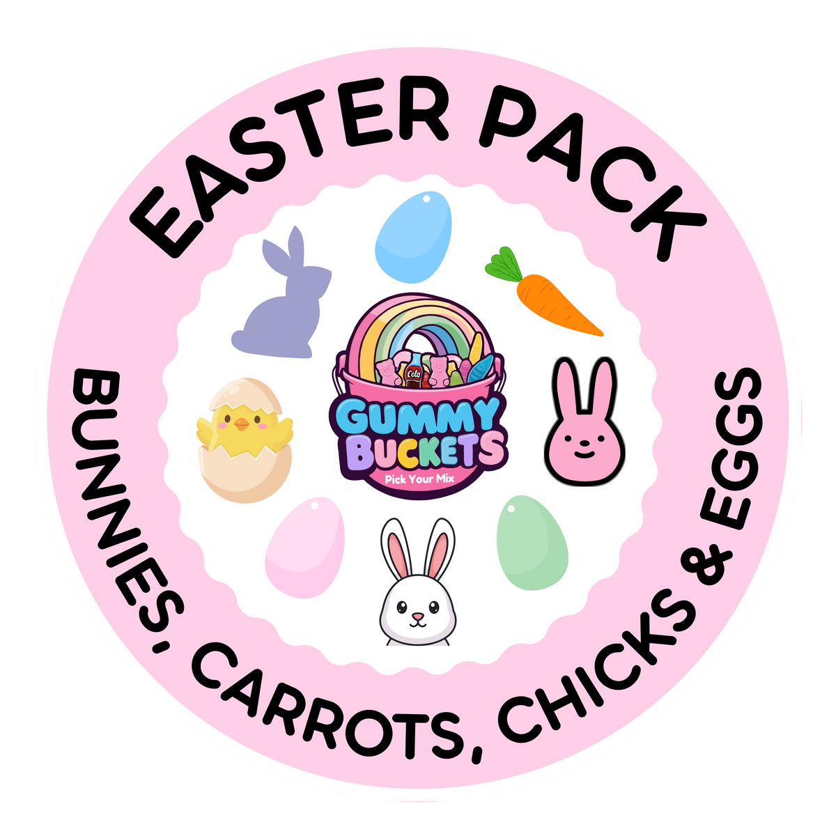 Circular logo for 'Easter Pack' featuring cartoon characters and text on a pink background.