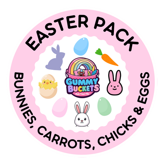 Circular logo for 'Easter Pack' featuring cartoon characters and text on a pink background.