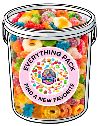 A large clear plastic bucket filled with assorted colorful gummy candies, with a round pink label reading 'EVERYTHING PACK' and 'FIND A NEW FAVORITE' plus the Gummy Bucket logo. The bucket is shown on a plain white background.