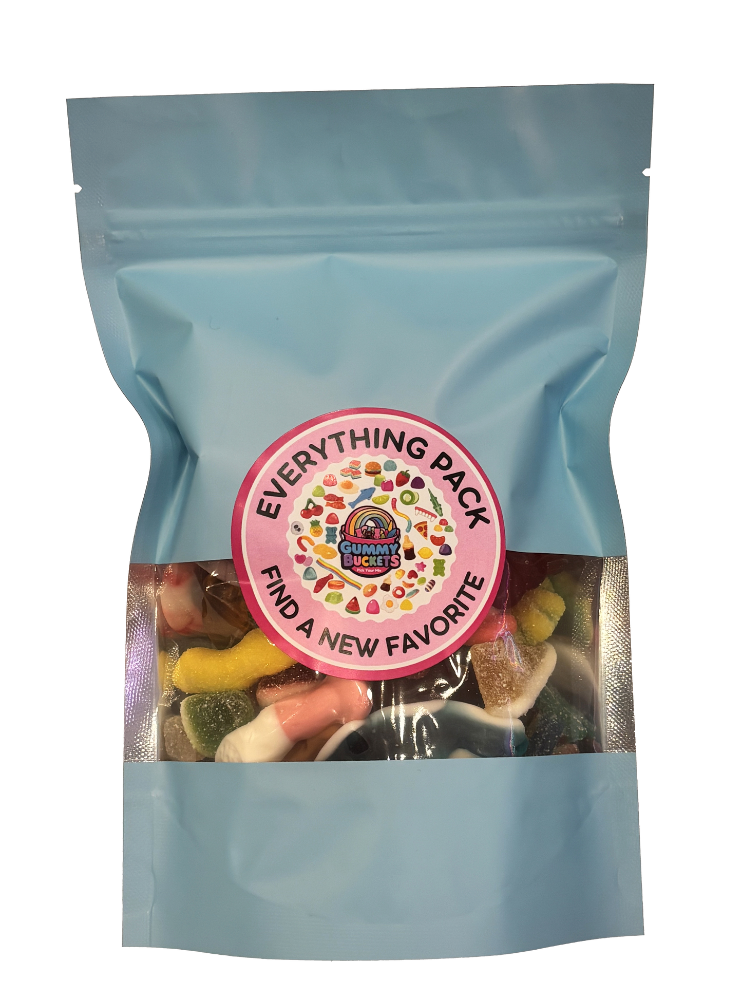 A light blue resealable stand-up pouch with a clear window showing a colorful assortment of mixed gummy candies including worms, bears, rings, and fruit shapes inside. A round pink label on the front reads 'EVERYTHING PACK' and 'FIND A NEW FAVORITE' with the Gummy Buckets logo surrounded by illustrated candy icons in the center.