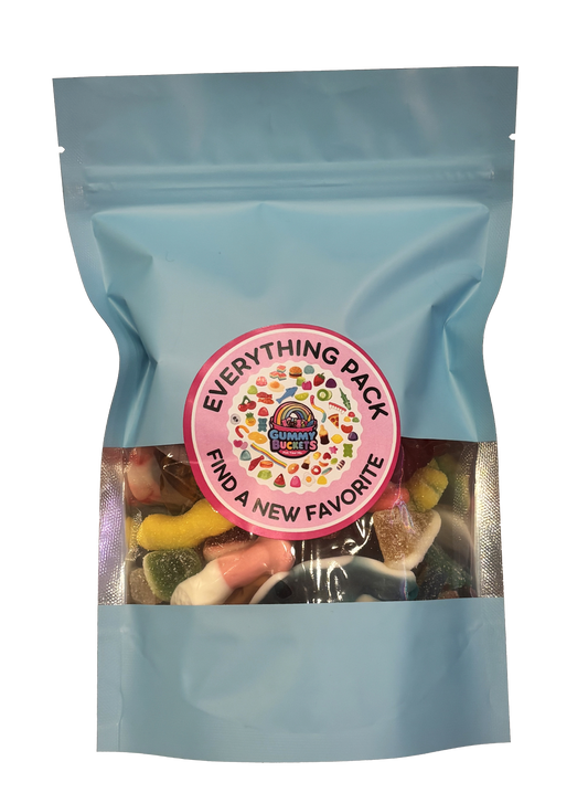 A light blue resealable stand-up pouch with a clear window showing a colorful assortment of mixed gummy candies including worms, bears, rings, and fruit shapes inside. A round pink label on the front reads 'EVERYTHING PACK' and 'FIND A NEW FAVORITE' with the Gummy Buckets logo surrounded by illustrated candy icons in the center.