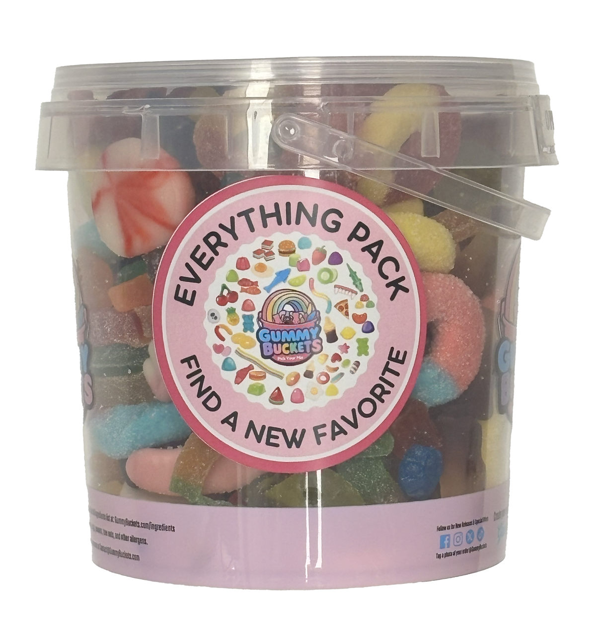 A clear plastic bucket filled with assorted gummy candies, featuring a large pink circular label that reads 'EVERYTHING PACK' and 'FIND A NEW FAVORITE,' with the Gummy Bucket logo in the center.