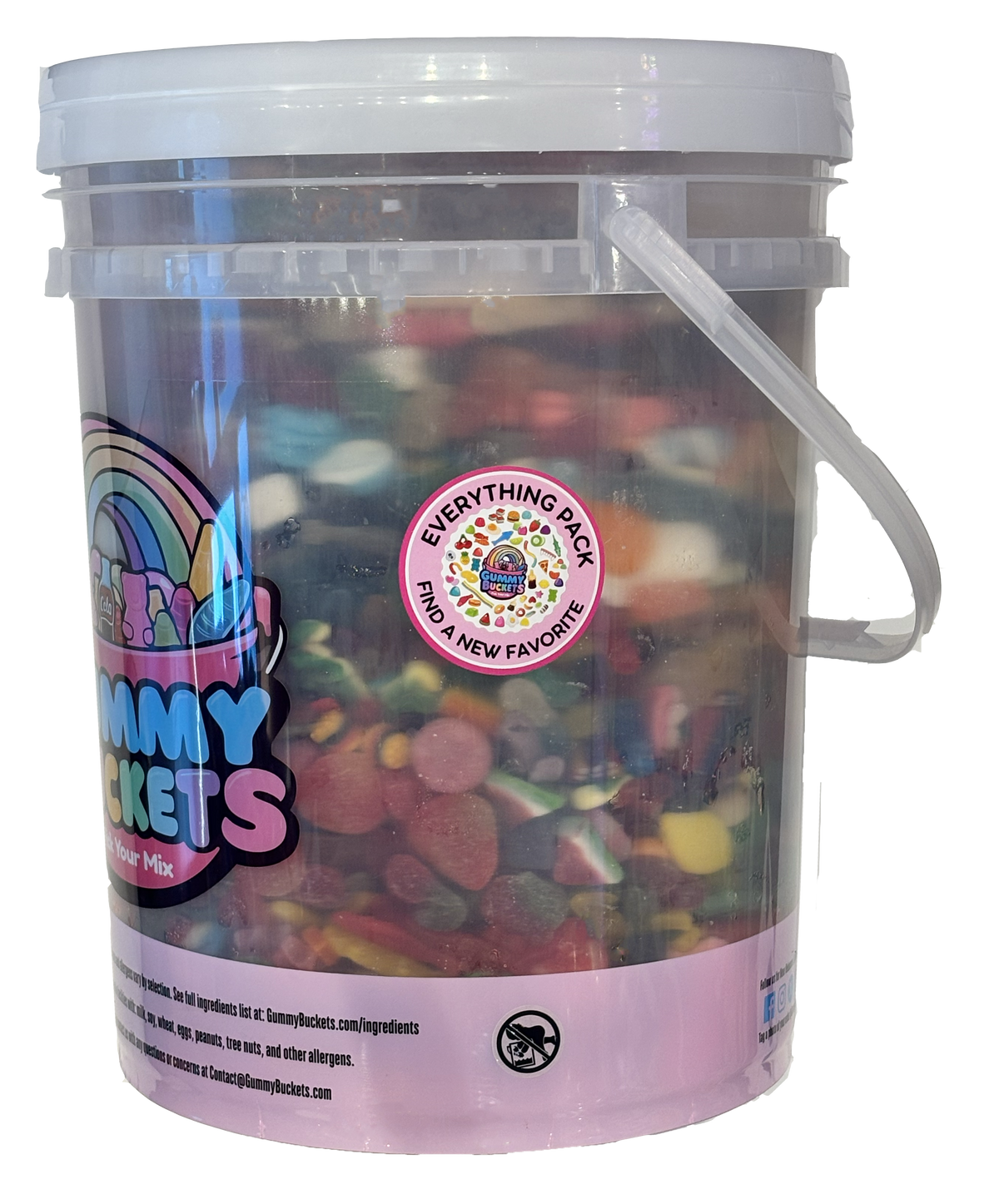 A large white plastic bucket filled with assorted colorful gummy candies and sweets, with a white handle and a pink-and-white label. The label shows the brand name 'Gummy Bakes' and a round sticker that reads 'Everything Pack Pro New Favorite'.