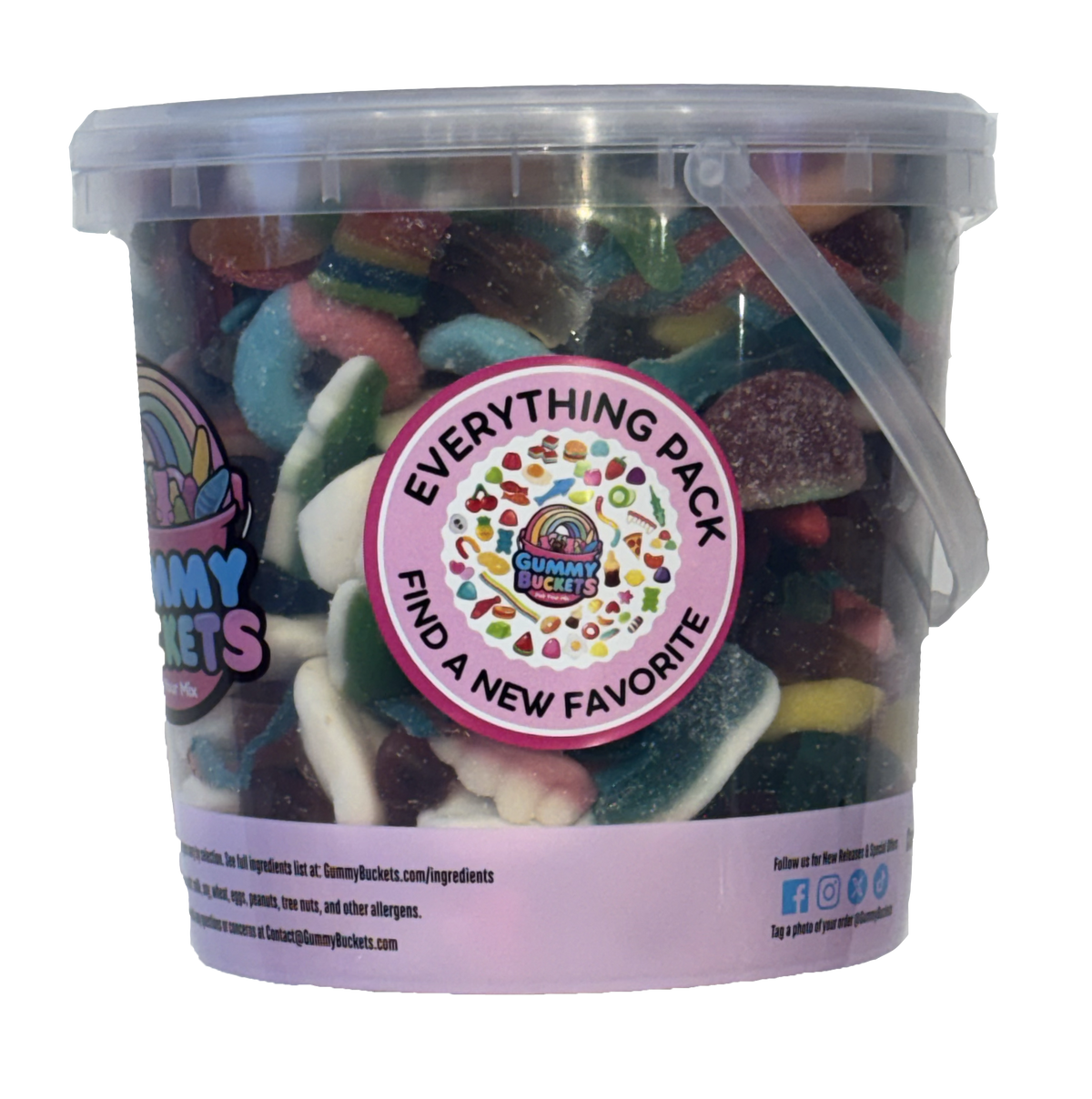A clear plastic tub of gummy candy with a pink lid and a large round label reading 'EVERYTHING PACK' and 'FIND A NEW FAVORITE,' with the Gummy Baskets logo visible. The tub is filled with assorted multicolored gummies and is photographed on a plain white background.