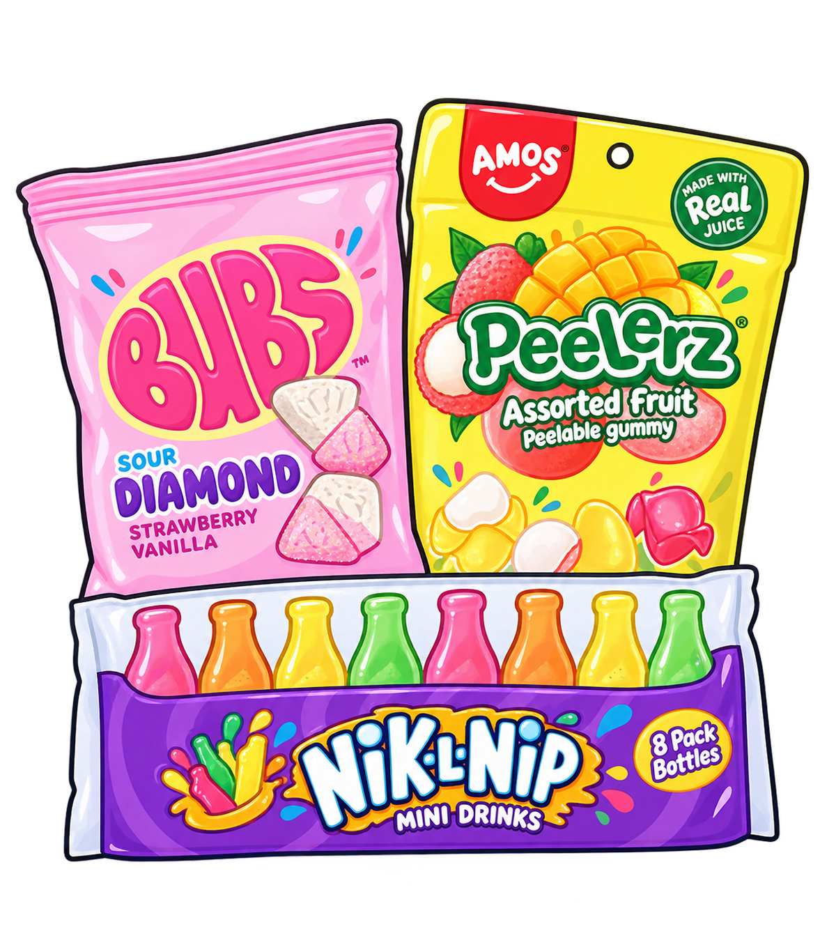 A grouped product shot showing three candy/drink packages: a pink bag of Bubs Sour Diamond strawberry vanilla gummy candies, a yellow bag of Amos PeelRz assorted fruit peelable gummi, and a purple 8-pack bottle container of NiklNip Mini Drinks with colorful bottle tops.