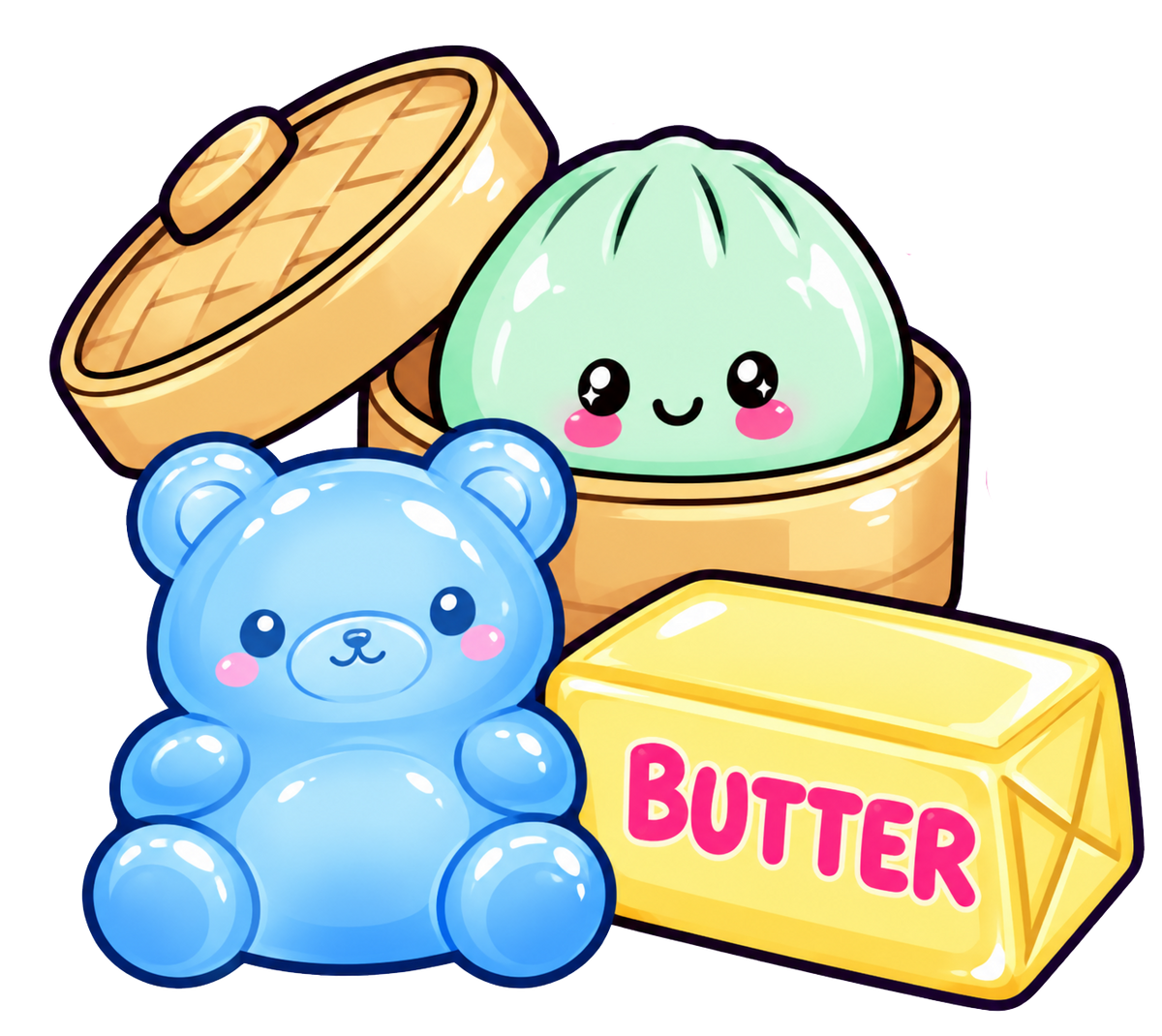 A cute cartoon illustration featuring a blue teddy bear, a green dumpling steamer, and a yellow butter block with pink 'BUTTER' text, all on a black background.