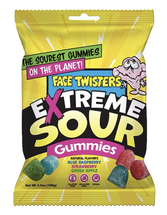 Yellow Face Twisters Extreme Sour Gummies bag showing colorful sugar-coated gummy pieces.