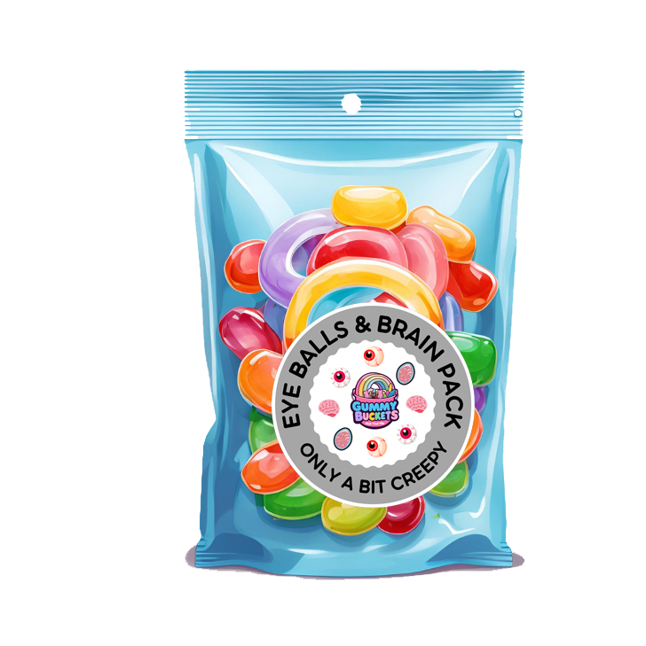 Packaged candy with colorful gummy eyeballs and brain shapes on a white background