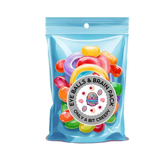 Packaged candy with colorful gummy eyeballs and brain shapes on a white background