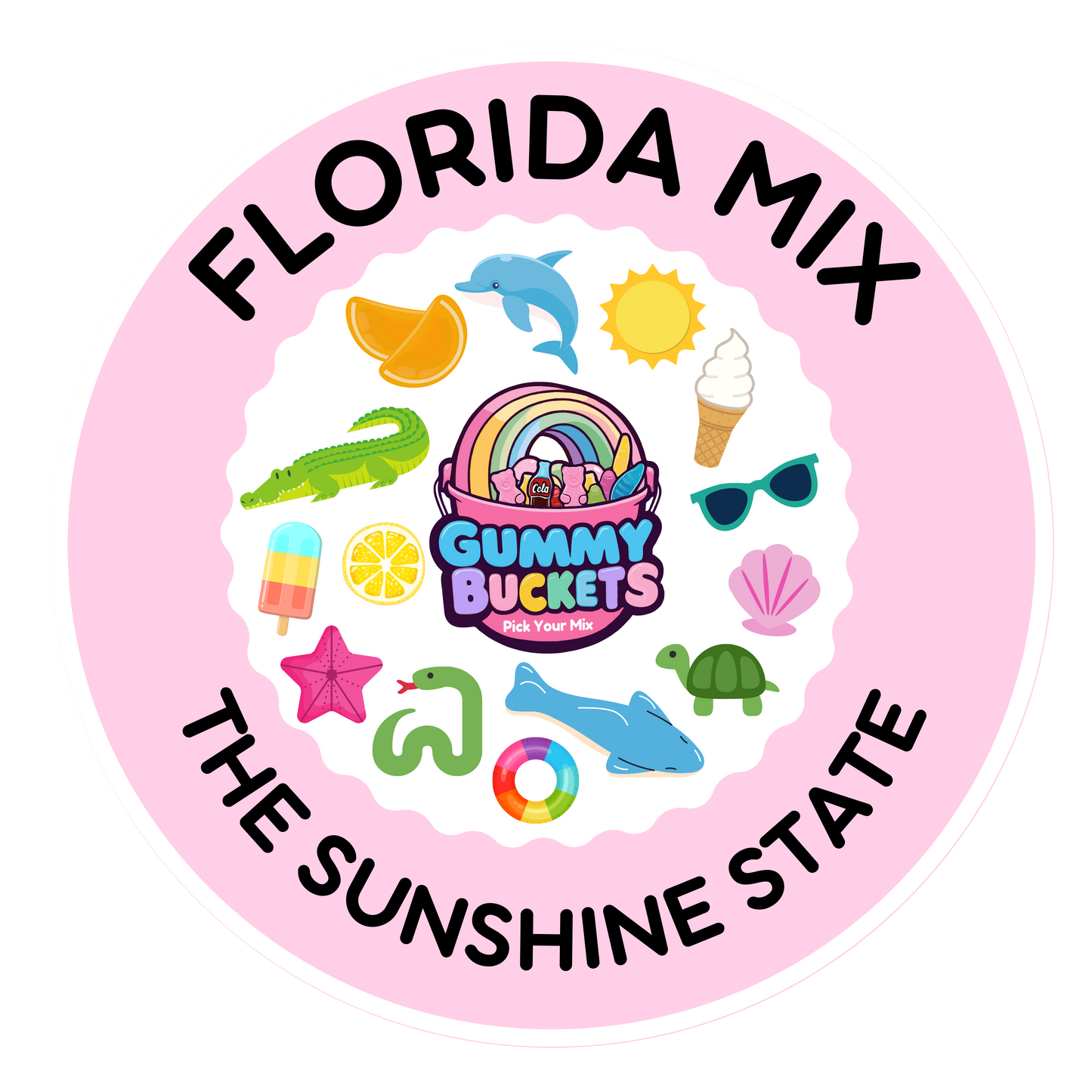 A circular pink sticker or label design with the text 'FLORIDA MIX' at the top and 'THE SUNSHINE STATE' at the bottom. The center features a white scalloped circle surrounded by colorful summer-themed illustrations, including a rainbow candy bucket, gummy bears, a dolphin, sunglasses, a seashell, a turtle, and tropical icons.