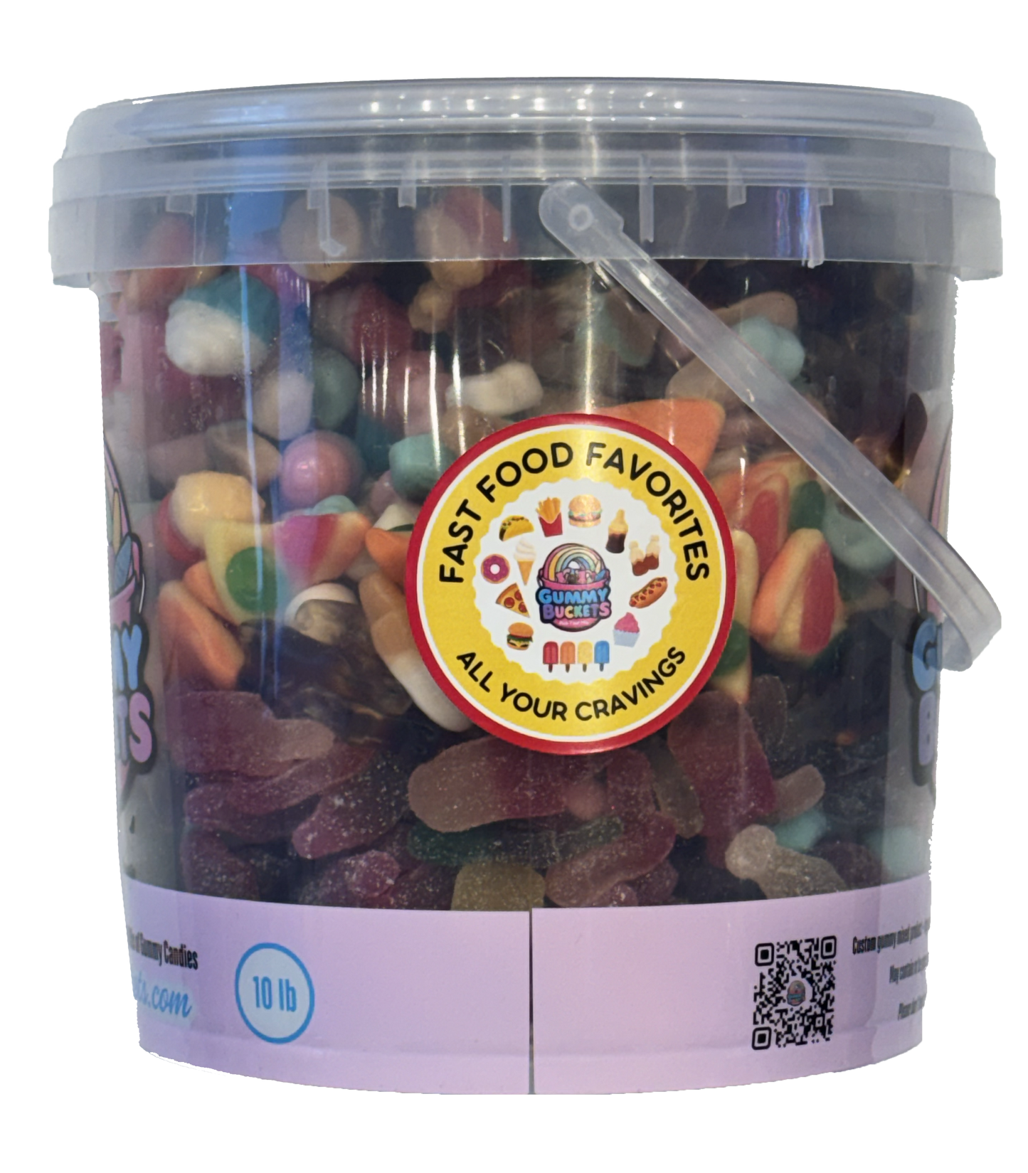 A 10 lb clear plastic bucket filled with assorted gummy candies, hard candies, and sugar-coated sweets, with a round yellow and red 'Fast Food Favorites' label on the front and a translucent handle on the lid.