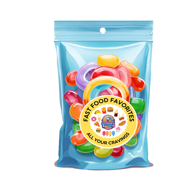 Packaged gummy candies with a 'Fast Food Favorites' label on a white background