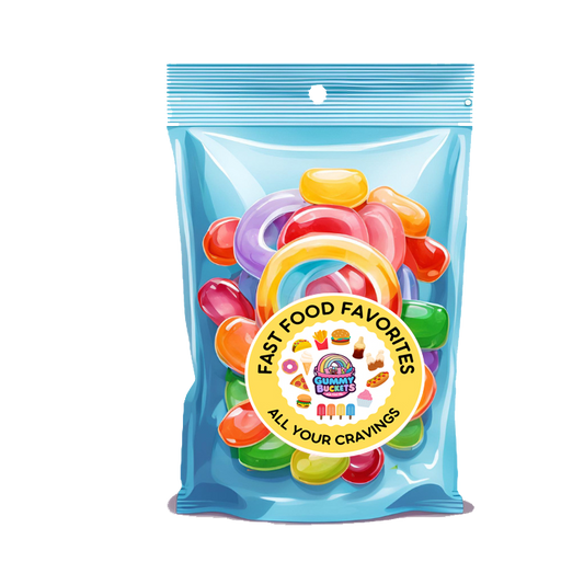 Packaged gummy candies with a 'Fast Food Favorites' label on a white background