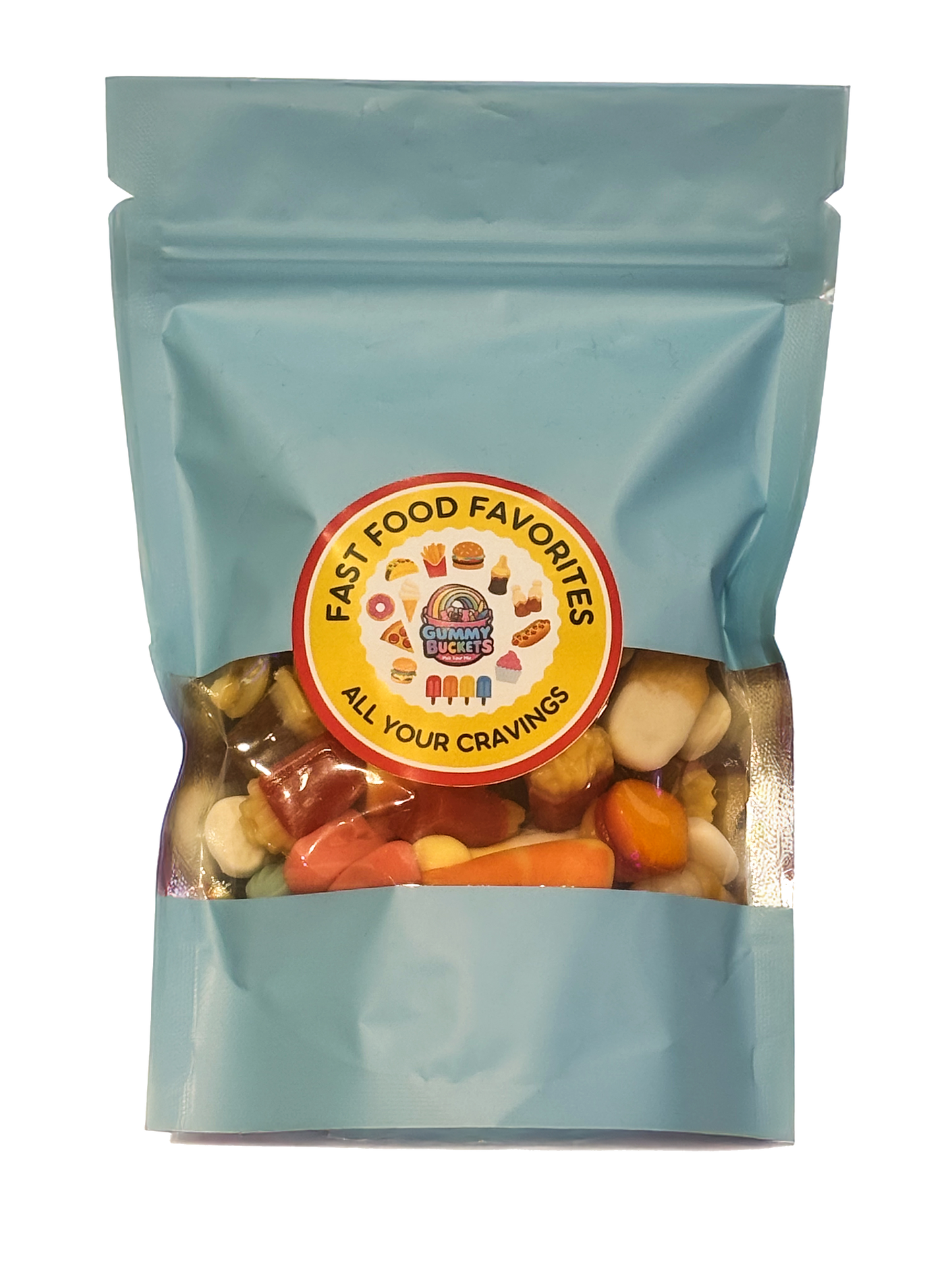 A light blue resealable stand-up pouch with a clear window showing a colorful assortment of mixed gummy candies including worms, bears, rings, and fruit shapes inside. A round pink label on the front reads 'EVERYTHING PACK' and 'FIND A NEW FAVORITE' with the Gummy Buckets logo surrounded by illustrated candy icons in the center.