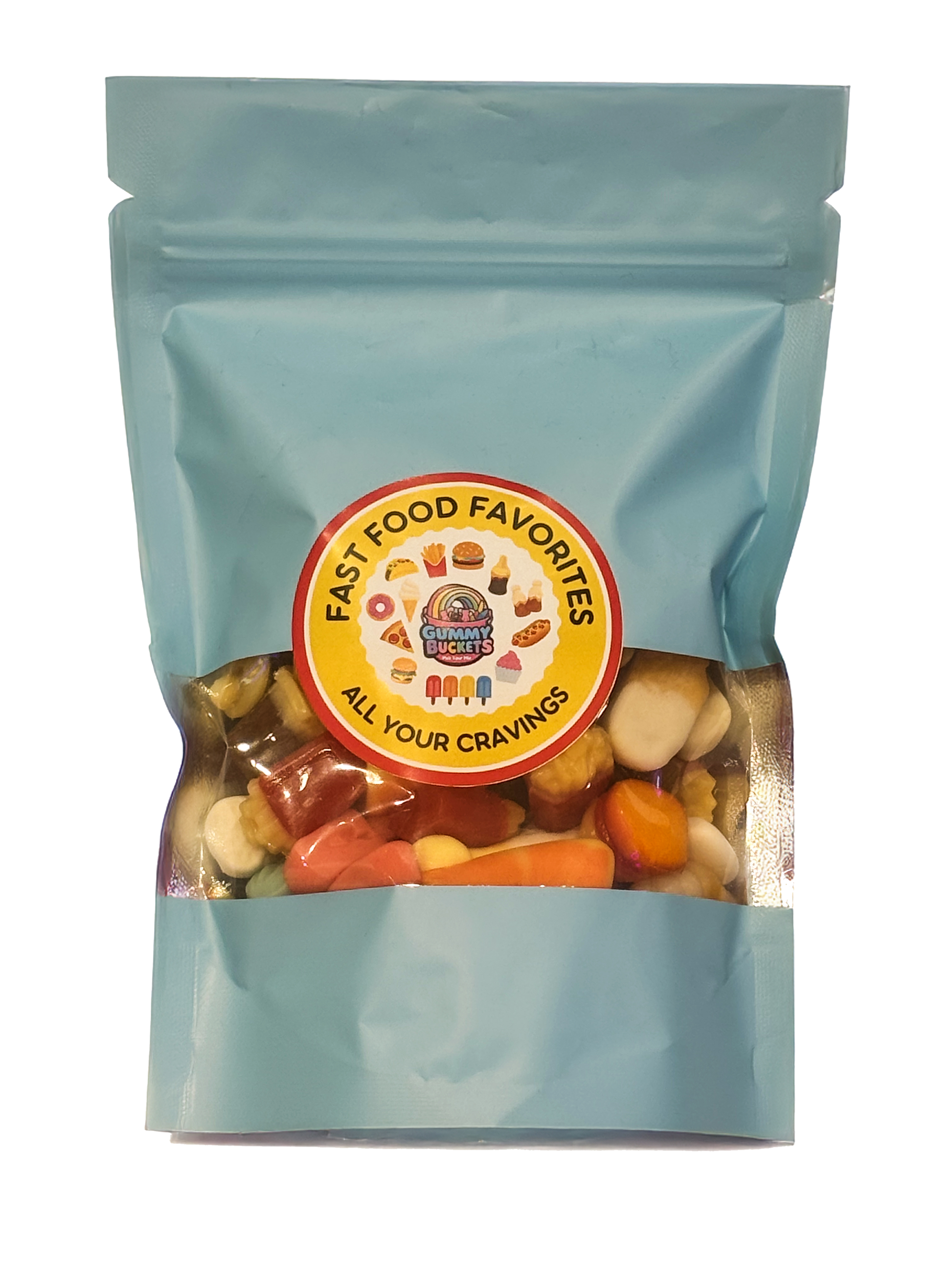 A light blue resealable stand-up pouch with a clear window showing a colorful assortment of mixed gummy candies including worms, bears, rings, and fruit shapes inside. A round pink label on the front reads 'EVERYTHING PACK' and 'FIND A NEW FAVORITE' with the Gummy Buckets logo surrounded by illustrated candy icons in the center.