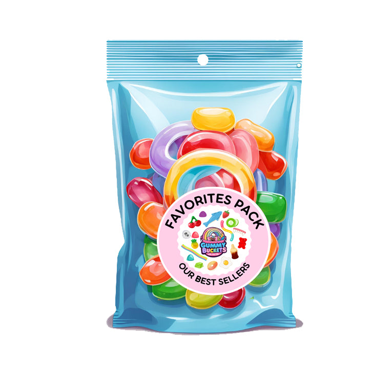 Packaged gummy candies with a 'Favorites Pack' label on a white background