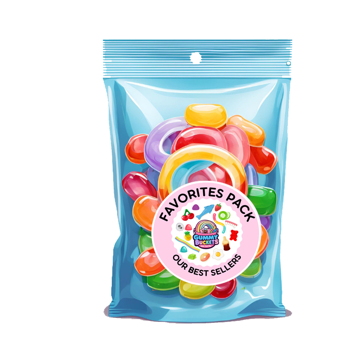 Packaged gummy candies with a 'Favorites Pack' label on a white background