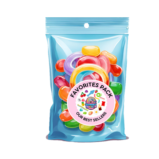Packaged gummy candies with a 'Favorites Pack' label on a white background