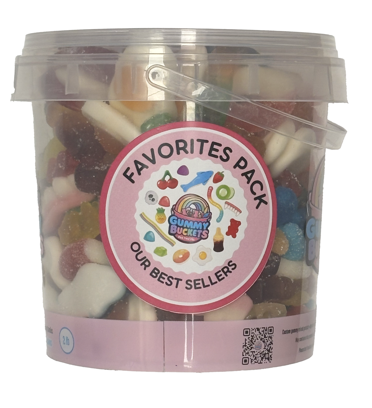 A 16 oz clear plastic tub filled with a multicolor gummy candy assortment, featuring a round pink and white 'Favorites Pack' label from Gummy Bites.