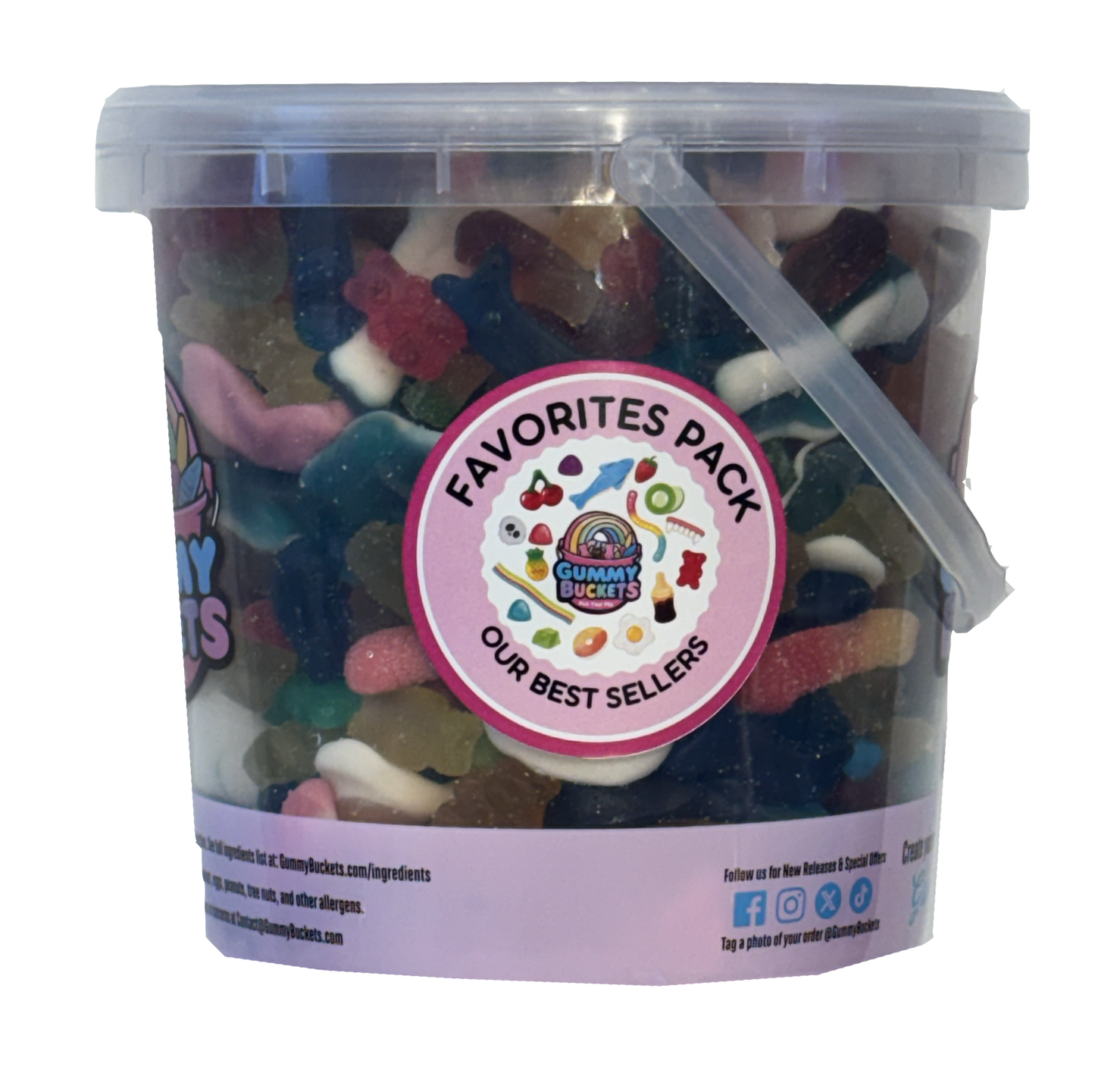 A clear plastic bucket filled with assorted colorful gummy candies, featuring a round pink and white 'Favorites Pack' label on the front. The bucket has a translucent lid and a small clear plastic handle, set against a plain white background.