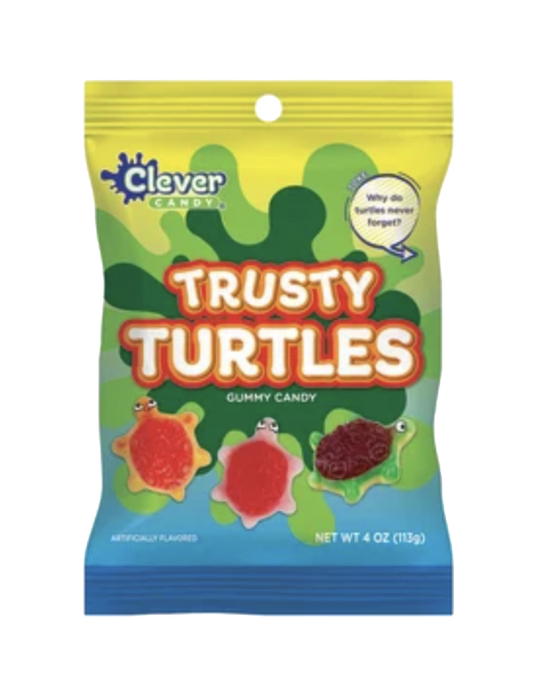 Green Clever Candy Trusty Turtles gummy candy pouch with turtle-shaped candy illustrations.