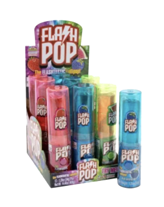 Flash Pop display box with colorful cylindrical candy holders and a blue Flash Pop standing beside it.