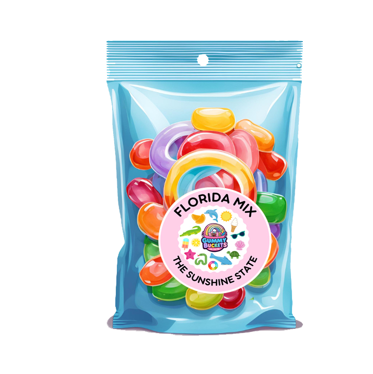 Bag of colorful jelly beans with 'Florida Mix' label on a white background