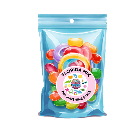 Bag of colorful jelly beans with 'Florida Mix' label on a white background