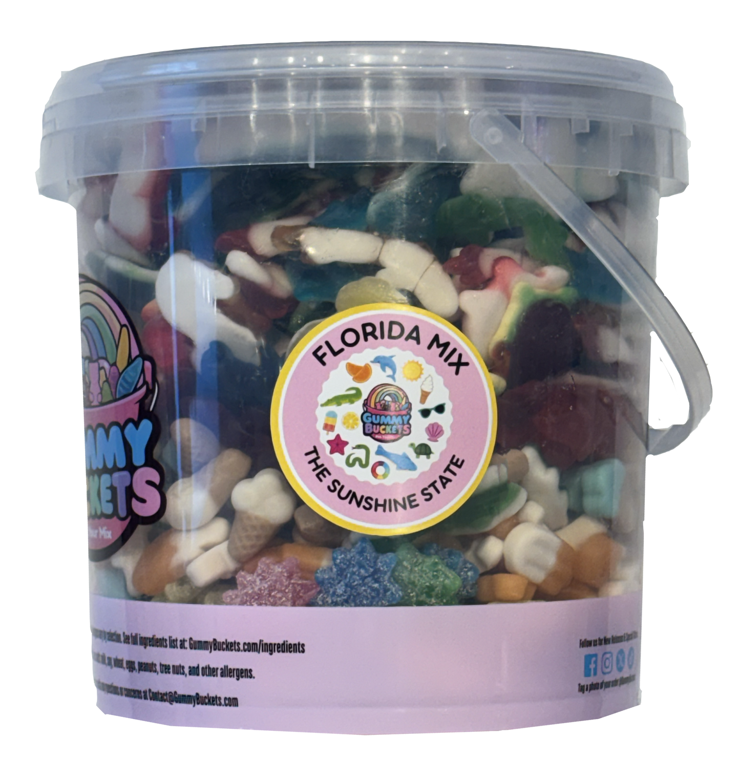 A clear plastic bucket filled with a colorful candy mix labeled 'Florida Mix' by Gummy Secrets, shown on a white background.