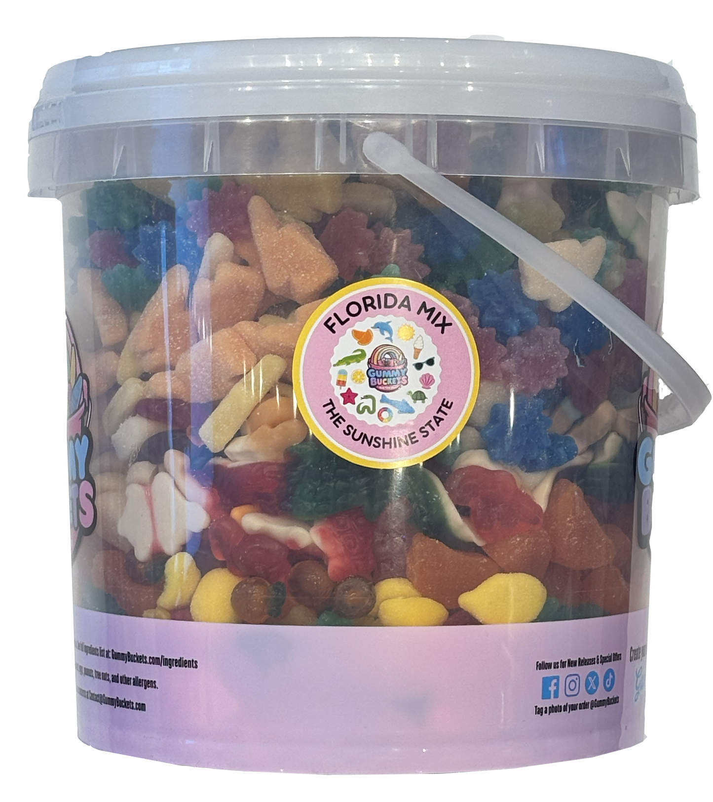 A clear plastic bucket filled with assorted gummy candies and sweets, featuring a white lid with a handle and a circular pink and yellow label that reads 'FLORIDA MIX - THE SUNSHINE STATE'.