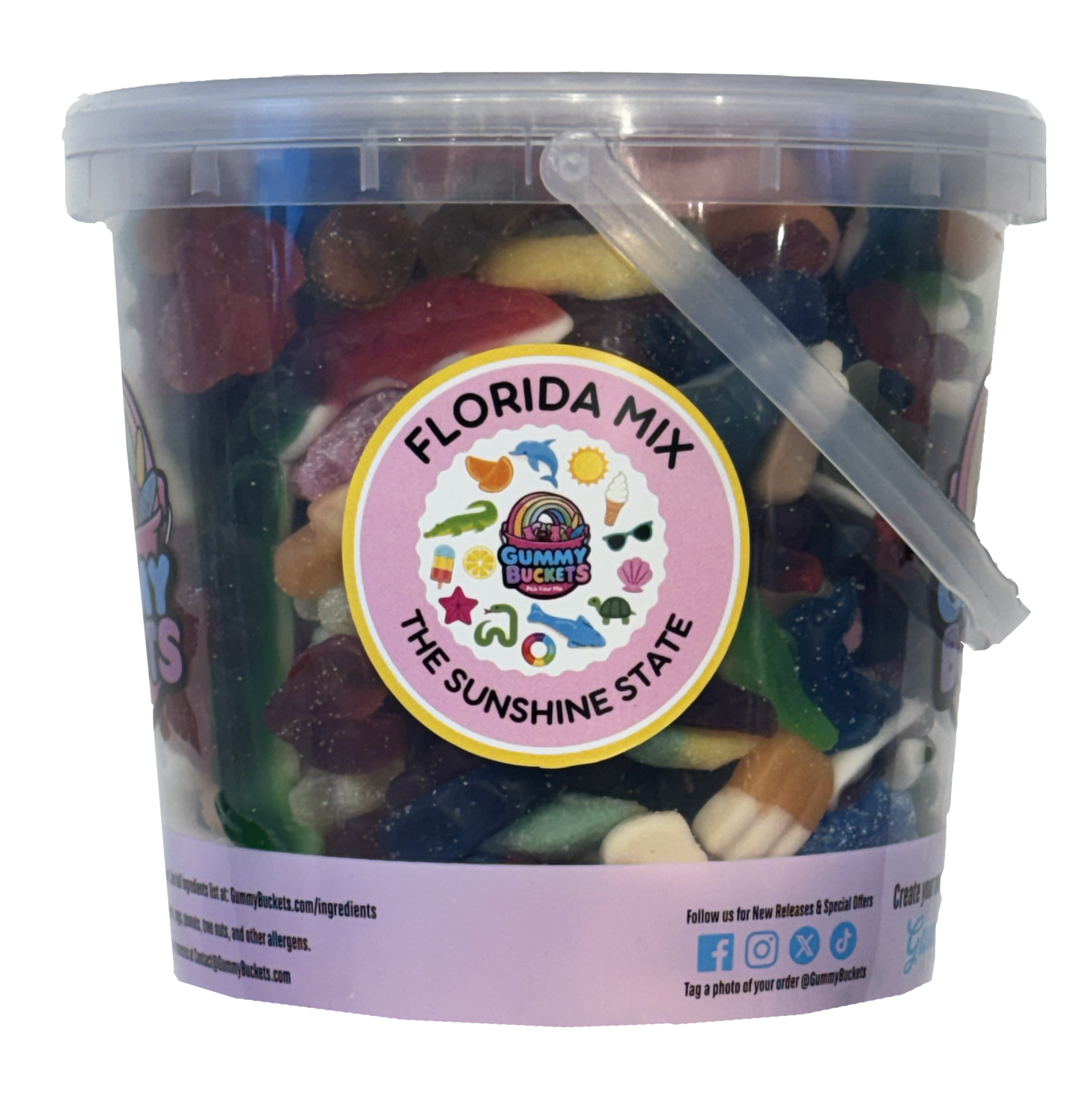 A clear plastic bucket filled with assorted gummy candies, featuring a pink circular label that reads 'FLORIDA MIX' and 'THE SUNSHINE STATE,' with the Gummy Baskets logo. A translucent clear handle sits on the rim against a plain white background.