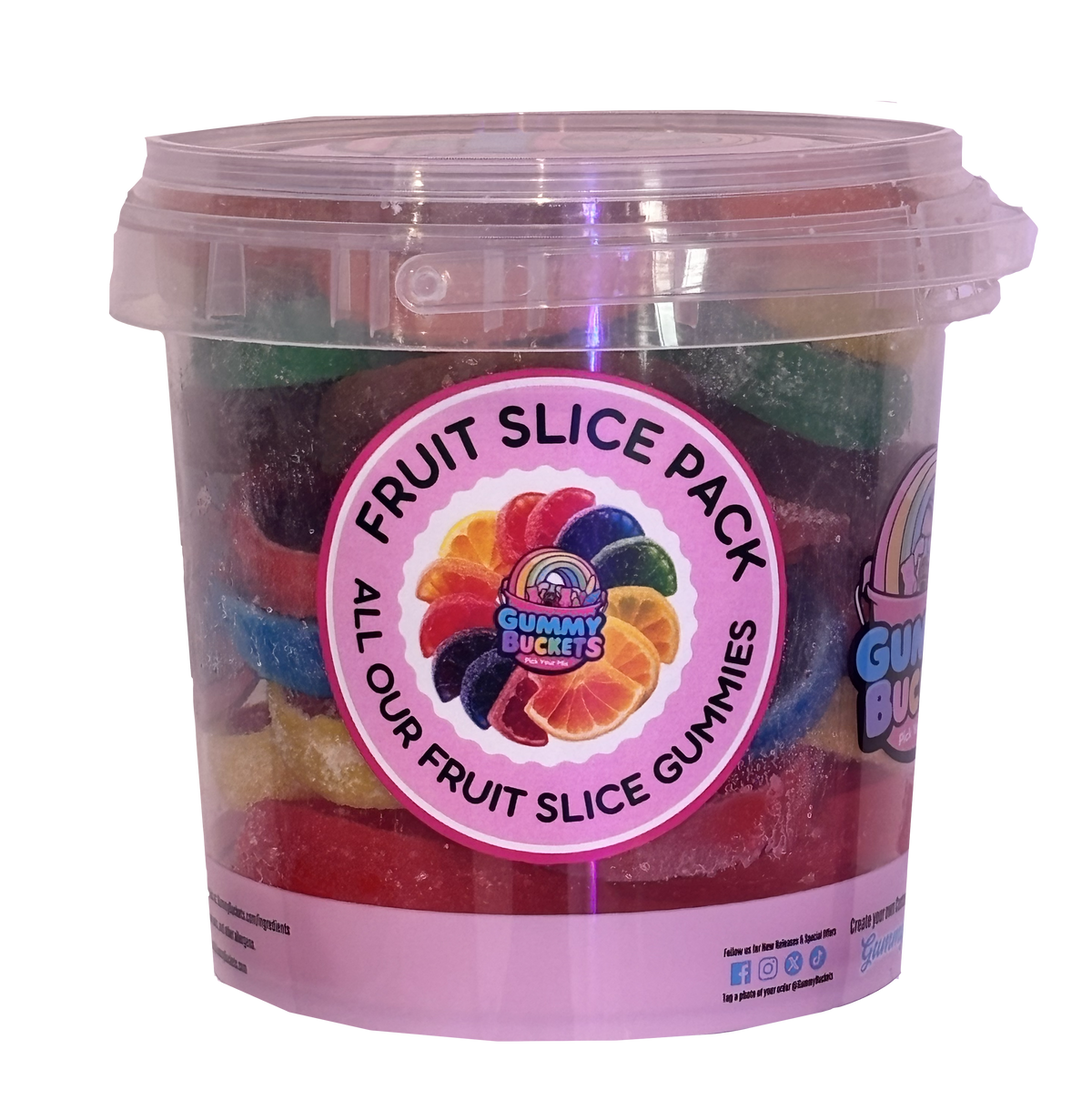 A clear Gummy Buckets 2-pound bucket filled with colorful fruit slice gummy candies and a pink Fruit Slice Pack label.