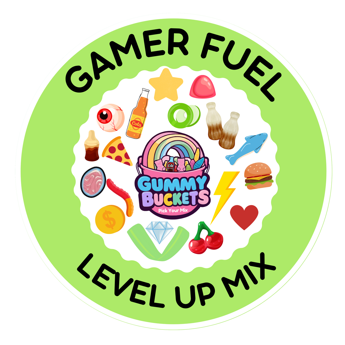 A circular product graphic for Gummy BUCKETS 'All Levels' gummy candy mix, titled 'GAMER FUEL LEVEL UP MIX'. The design features a light green outer ring with black text, a white inner circle, and a colorful assortment of gaming and retro-themed gummies illustrated around the center logo.