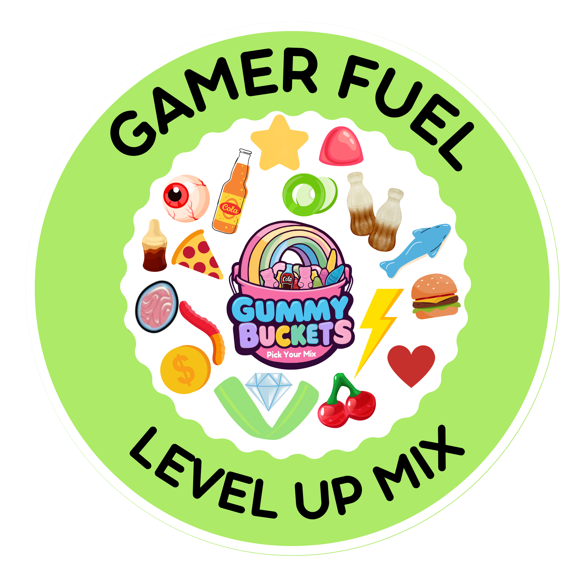 A circular product graphic for Gummy BUCKETS 'All Levels' gummy candy mix, titled 'GAMER FUEL LEVEL UP MIX'. The design features a light green outer ring with black text, a white inner circle, and a colorful assortment of gaming and retro-themed gummies illustrated around the center logo.