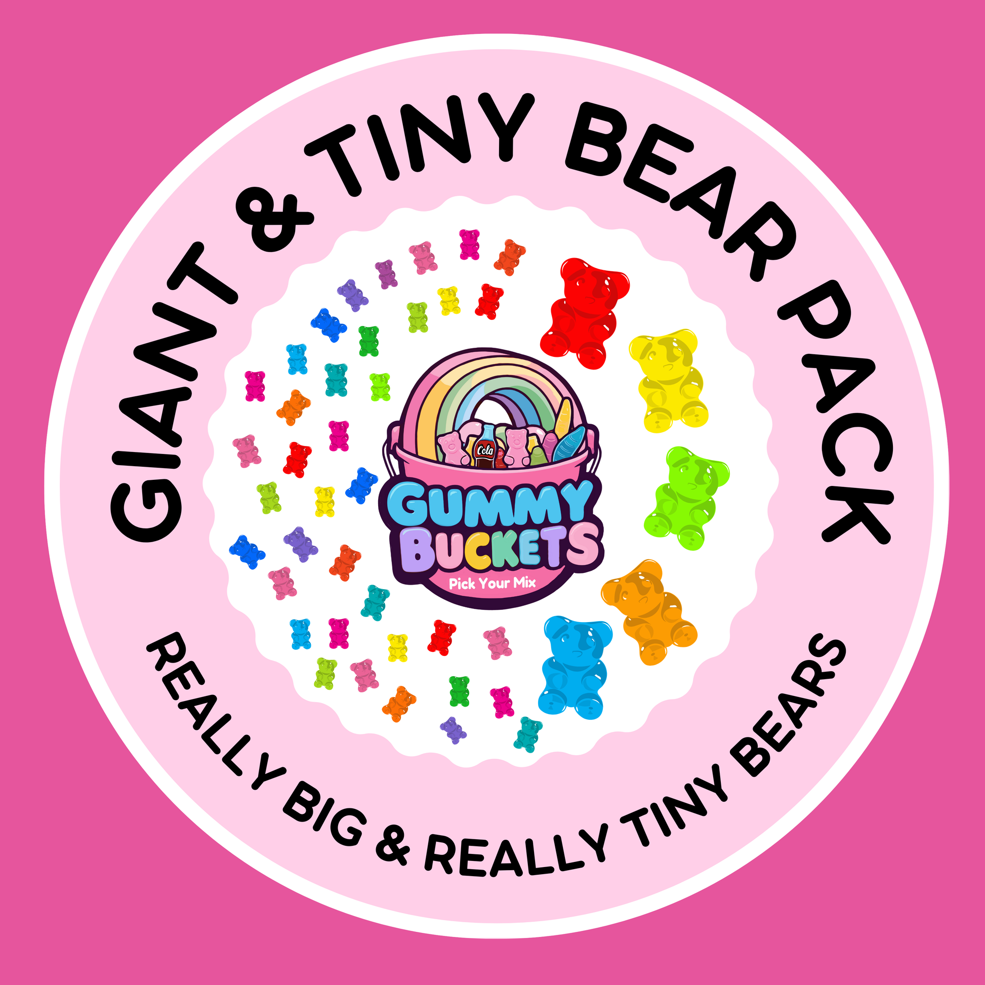 Circular logo for 'Giant & Tiny Bear Pack' with colorful bears and a rainbow on a pink background.