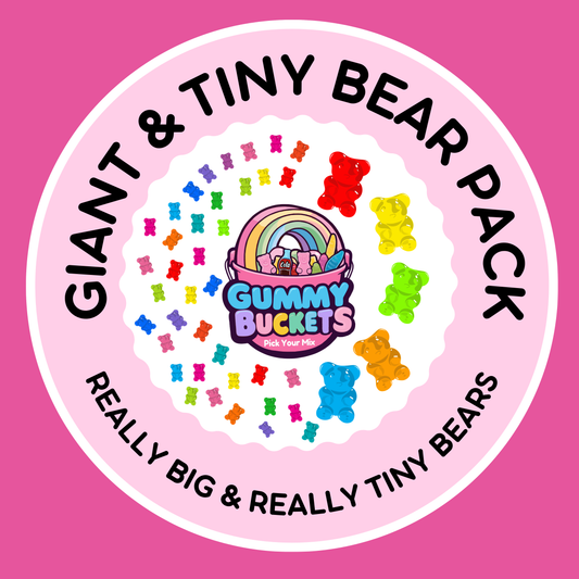 Circular logo for 'Giant & Tiny Bear Pack' with colorful bears and a rainbow on a pink background.