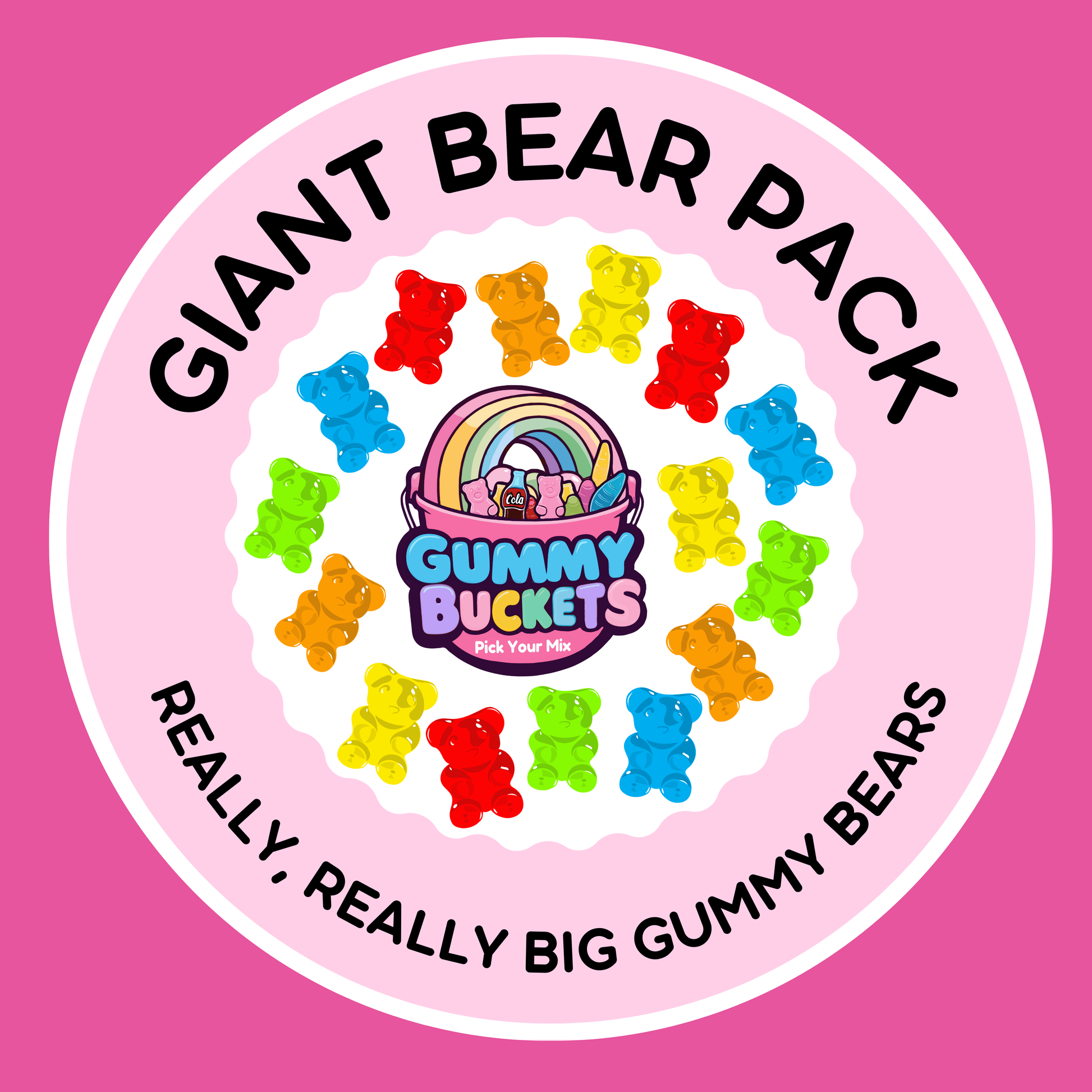 Gummy Bears packaging with colorful gummy bears and 'Gummy Buckets' logo on a pink background