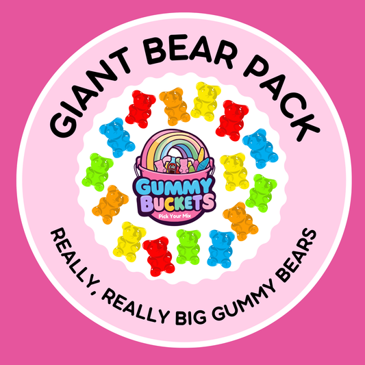 Gummy Bears packaging with colorful gummy bears and 'Gummy Buckets' logo on a pink background