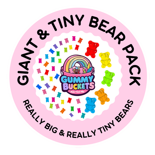 A circular pink graphic for a 'Giant & Tiny Bear Pack' featuring the 'Gummy Buckets For You Me!' logo in the center, surrounded by colorful gummy bear illustrations and black text reading 'GIANT & TINY BEAR PACK' and 'REALLY BIG & REALLY TINY BEARS'.