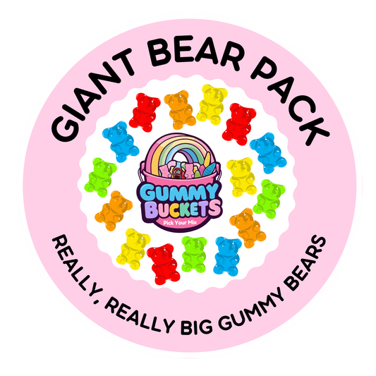 A circular pink graphic with the text 'GIANT BEAR PACK' and 'REALLY, REALLY BIG GUMMY BEARS' surrounding a central logo that reads 'Gummy Buckets Pick Your Size' above a ring of colorful gummy bears.