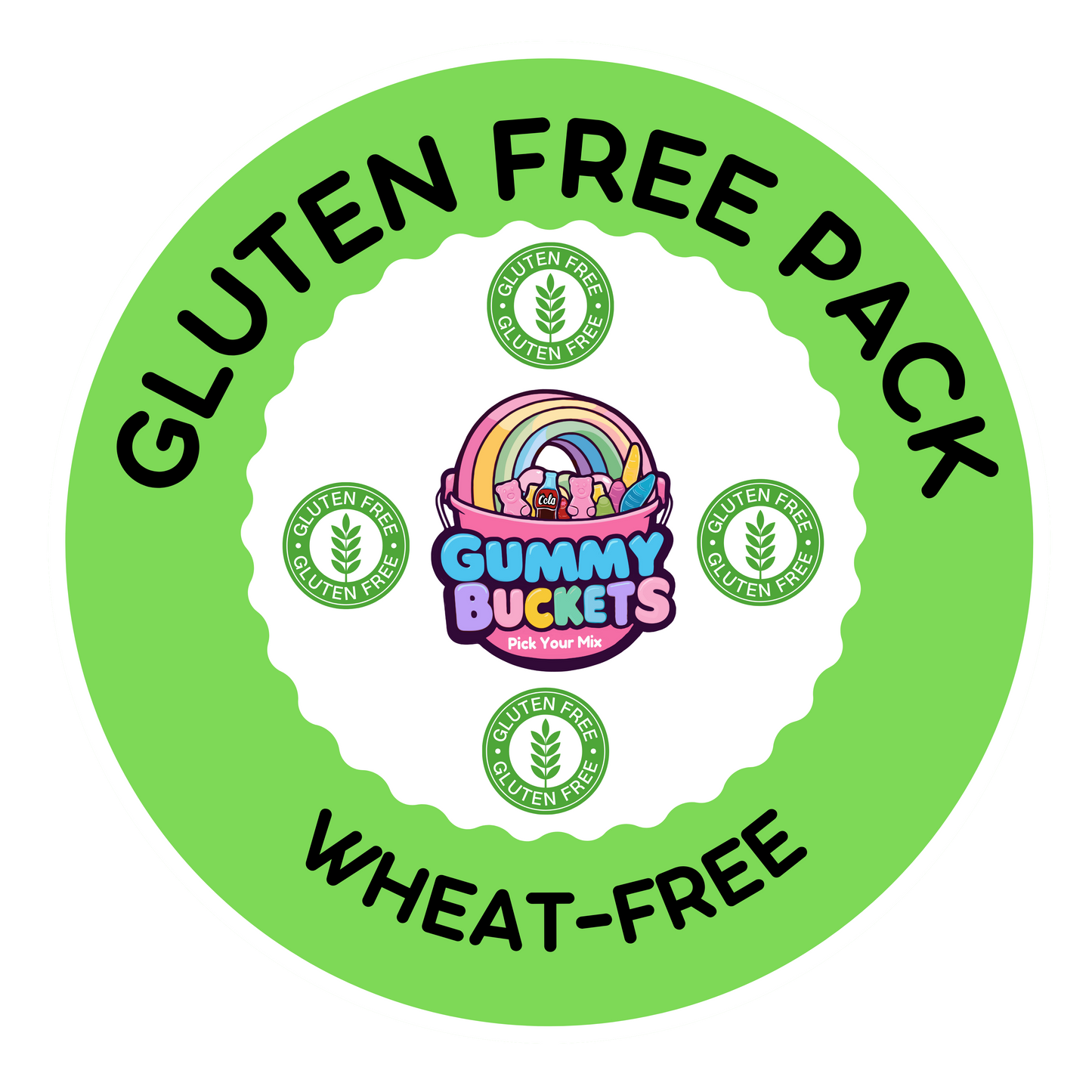 A circular green and white label graphic for Gummy Buckets featuring the text 'GLUTEN FREE PACK' and 'WHEAT-FREE' in black, with several small green 'Gluten Free' badges around a central colorful gummy bucket logo.