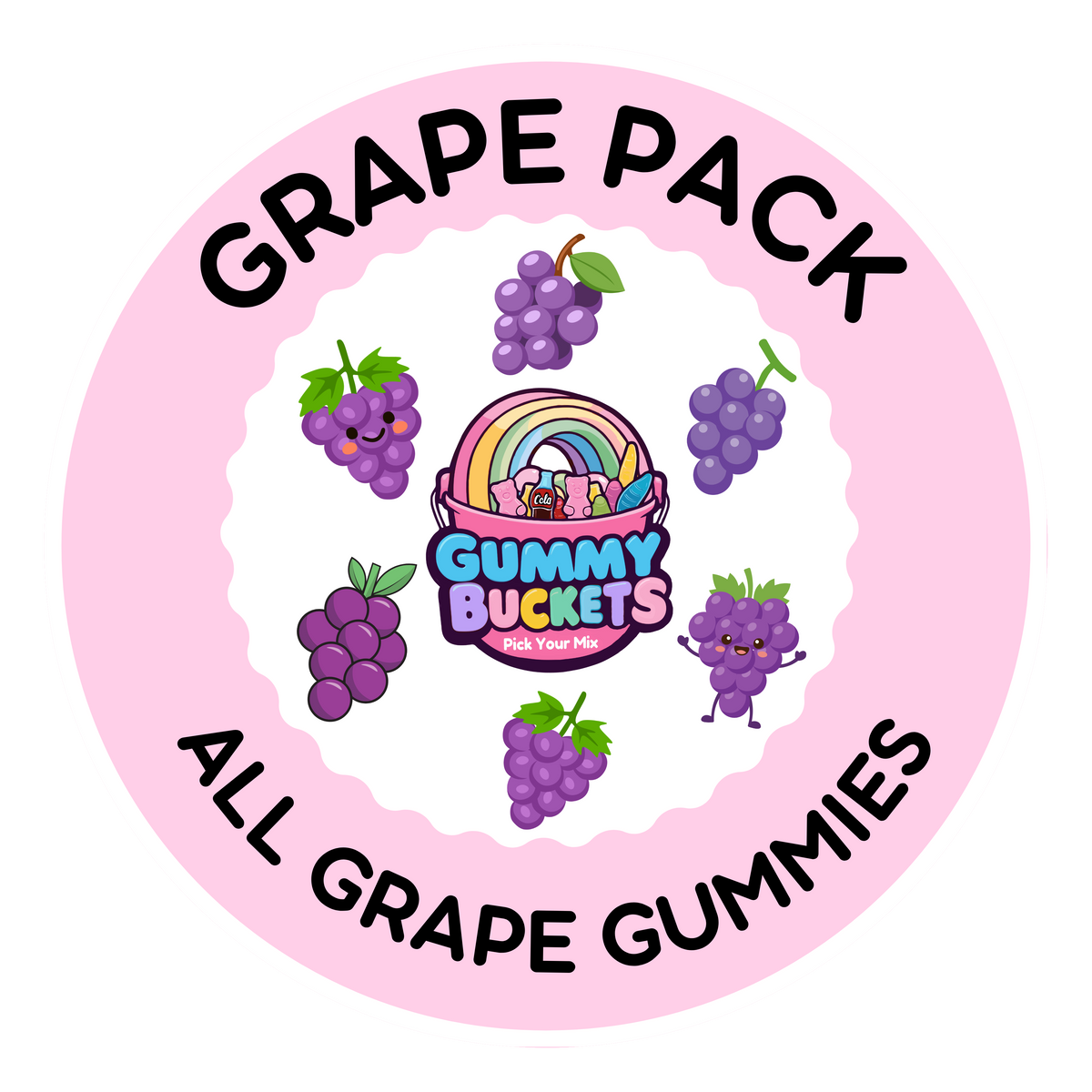 A circular pink label or sticker for a 'Grape Pack' by Gummy Buckets, featuring cartoon illustrations of purple grapes, a rainbow, and the brand logo in the center.