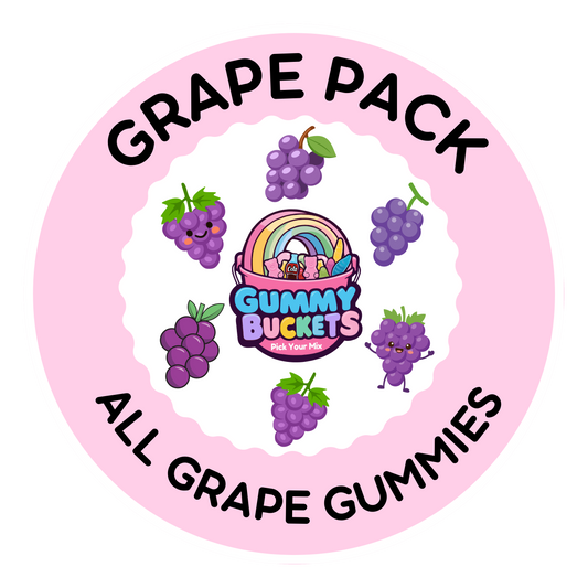 A circular pink label or sticker for a 'Grape Pack' by Gummy Buckets, featuring cartoon illustrations of purple grapes, a rainbow, and the brand logo in the center.