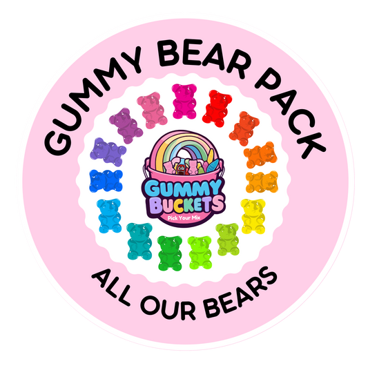 A round pink sticker or label design for a gummy bear pack, featuring the text 'GUMMY BEAR PACK' at the top and 'ALL OUR BEARS' at the bottom. The center shows a basket of gummy bears with a rainbow and the words 'Gummy Buckets For You Me!'.
