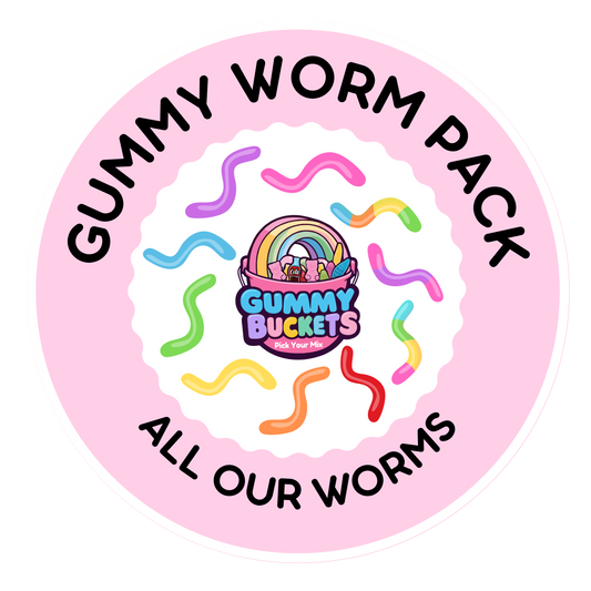 A round pink sticker or label featuring the text 'GUMMY WORM PACK' and 'ALL OUR WORMS' in black around a colorful central logo that reads 'GUMMY BUCKETS' with a rainbow and worm illustrations.