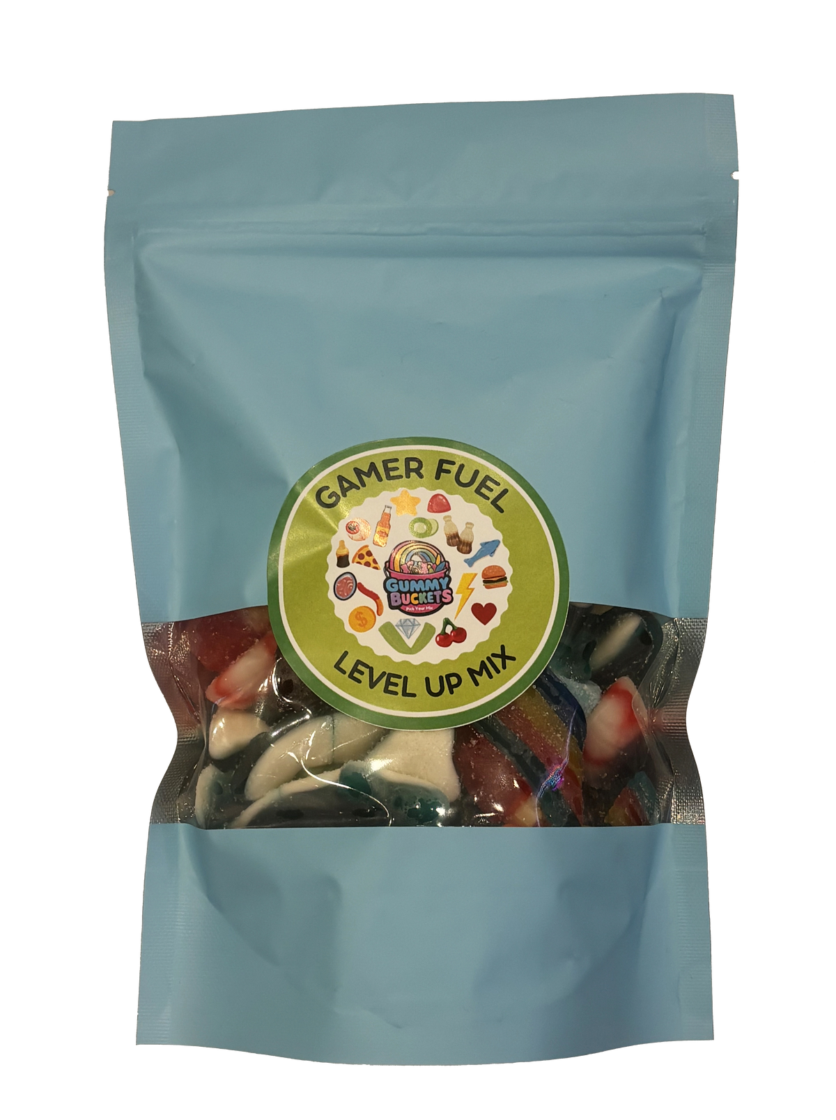 A light blue resealable stand-up pouch with a clear window showing a colorful assortment of gummy candies including sharks, rainbows, and mixed shapes inside. A round green label on the front reads 'GAMER FUEL' and 'LEVEL UP MIX' with the Gummy Buckets logo surrounded by illustrated gaming and candy icons in the center.