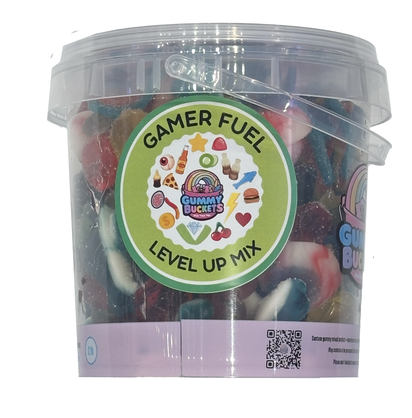 A clear plastic tub filled with assorted gummy candies, featuring a round green label that reads 'GAMER FUEL LEVEL UP MIX' and the Gummy BUCKS logo. The tub is photographed on a plain white background.