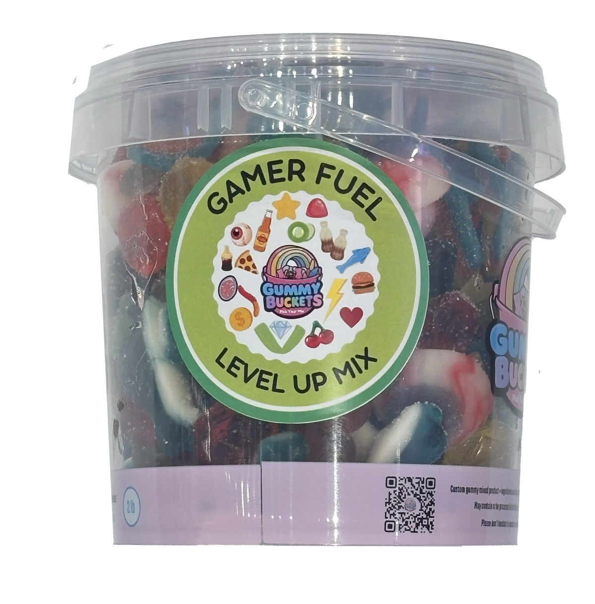 A clear plastic tub filled with assorted gummy candies, featuring a round green label that reads 'GAMER FUEL LEVEL UP MIX' and the Gummy BUCKS logo. The tub is photographed on a plain white background.